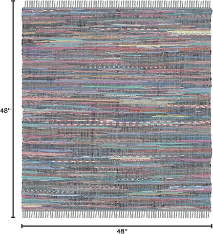 SAFAVIEH Rag Rug Collection Area Rug - 4' Square, Aqua & Multi, Handmade Boho Stripe Cotton, Ideal for High Traffic Areas in Living Room, Bedroom (RAR121K)