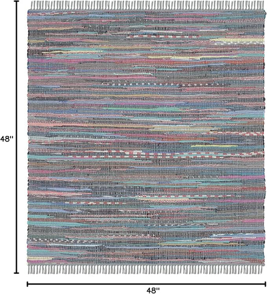 SAFAVIEH Rag Rug Collection Area Rug - 4' Square, Aqua & Multi, Handmade Boho Stripe Cotton, Ideal for High Traffic Areas in Living Room, Bedroom (RAR121K)