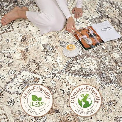 6x8 Area Rug Living Room: Washable Boho Large Neutral Vintage Soft Rugs Stain Resistant Farmhouse Non-Slip Indoor Floor Carpet for Bedroom Nursery Kids Playroom Office Dining Room- Beige Brown
