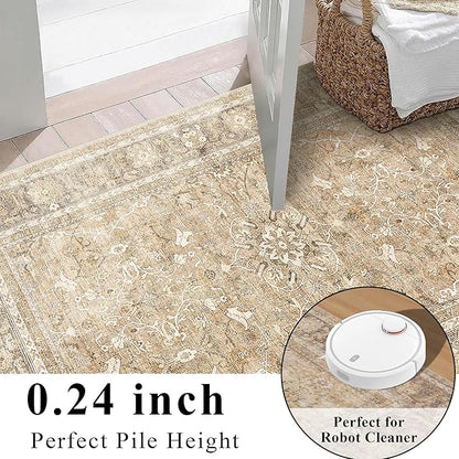 2.6x8 Runner Rug for Hallways Vintage Distressed Non Slip Long Carpet Floral Boho Distress Print Pattern Mat Lightweight Retro Accent Throw Carpet for Kitchen Bedroom Bedside Laundry Room﻿-Khaki