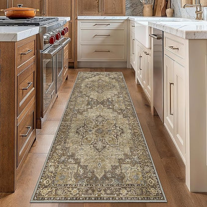 GENIMO 2x7 Runner Rugs for Hallway, Machine Washable Non Slip Vintage Rugs, Low Pile Lightweight Soft Print Rug for enrtyway, Corridor, Home Office, Kitchen, Rustic Brown