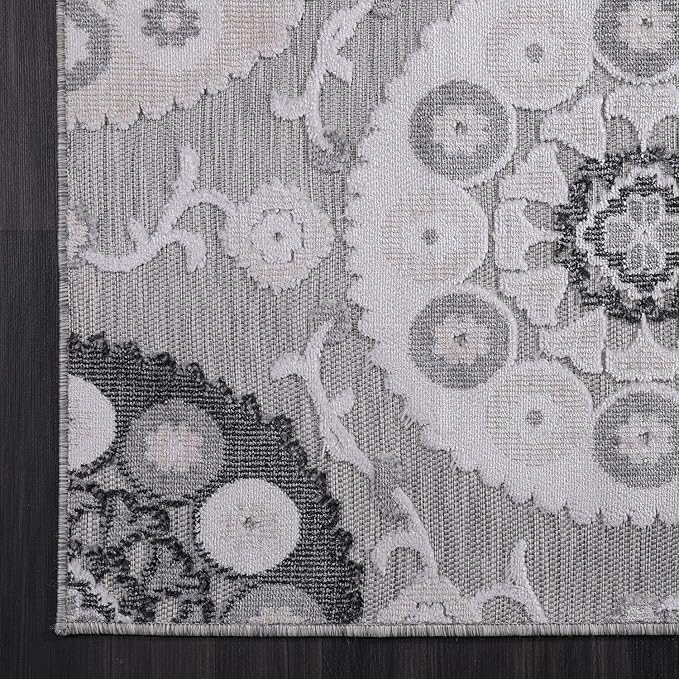 CAMILSON Indoor Outdoor Rug 6x9 Bohemian Medallion Floral Area Rugs for Indoor and Outdoor Patios Easy-Cleaning Non-Shedding Living Room Garden and Kitchen Washable Outside Carpet (6 x 9 / Gray)