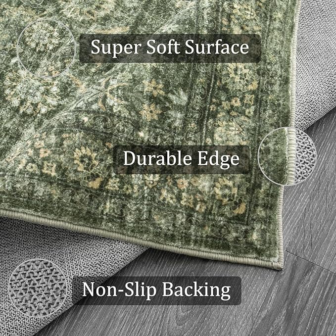 Morebes Vintage Washable Kitchen Rugs Non Slip,2x6 Runners for Hallways,Floral Boho Bathroom Runner Rug,Non Shedding Soft Throw Carpet for Laundry Floor Indoor, Grayish Green