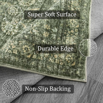 Morebes Vintage Kitchen Runner Rugs Non Skid Washable, Floral Boho 2x8 Runner Rug, Non Shedding Runner Rugs for Hallway Indoor Floor Carpet Runner for Laundry Room Bedroom, Grayish Green
