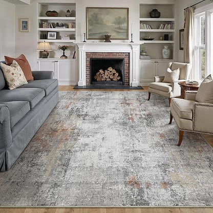 8x10 Washable Area Rug Grey Rust Abstract Living Room Bedroom Carpet Neutral Modern Non-Slip Soft Low Pile Lightweight Vacuumable Large Throw Rug for Dining Room