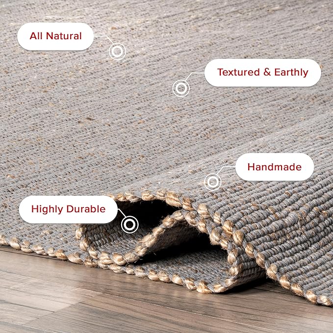 nuLOOM 8x10 Elfriede Jute & Cotton Hand Woven Area Rug, Grey, Solid Rustic Farmhouse Style, Weaved Design, Natural Fiber, For Bedroom, Living Room, Dining Room, Hallway, Office, Entryway