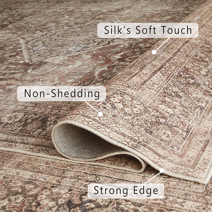 vivorug 8x10 Area Rugs for Living Room, Non-Slip Backing Washable Rug 8x10, Large Area Rug Soft Carpet for Bedroom Dining Room, Vintage, Easy Clean, Durable, Low Pile Rug Under Table, Brown