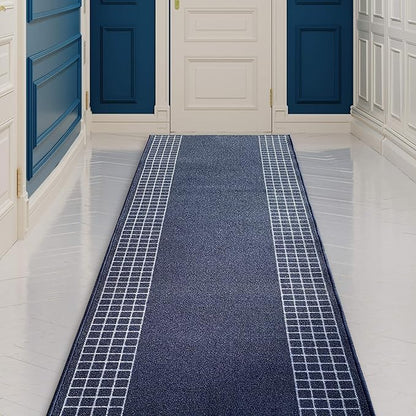 Custom Made Runner Rug for Kitchen Foyer Hallway Entry Choose Your Length 31 Inch Wide Geometric CheckeBlue Design Blue Color (34 feet x 31 Inch)