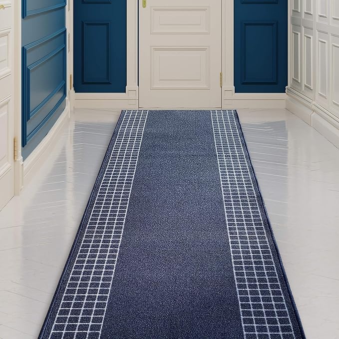 Custom Made Runner Rug for Kitchen Foyer Hallway Entry Choose Your Length 31 Inch Wide Geometric CheckeBlue Design Blue Color (43 feet x 31 Inch)