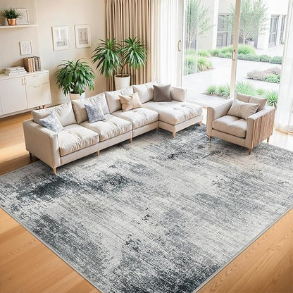 10x14 Washable Area Rugs - Modern Abstract Large Rugs for Living Room Non-Slip Low Pile Soft Machine Washable Carpet for Bedroom, Under Dining Table, Nursery, Farmhouse (10'x14' Dark Grey)