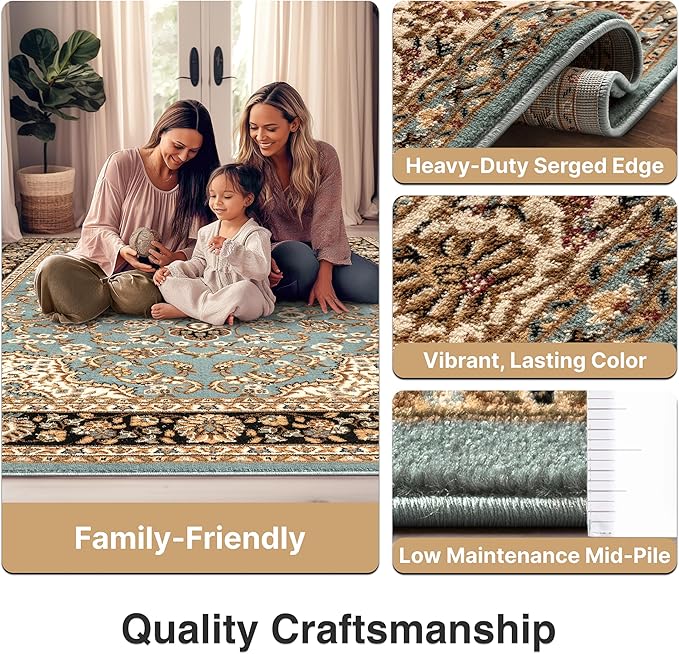 Well Woven Barclay Collection Medallion Kashan Light Blue 9x12 Area Rug - for Living Room, Bedroom, and Dining Room