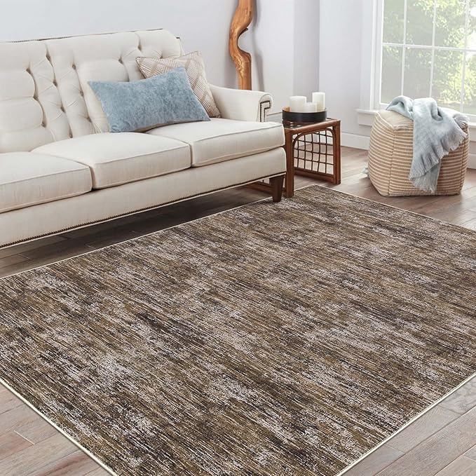 RUGSREAL Washable Rug 10x13 for Living Room Modern Abstract Area Rug Non-Slip Large Contemporary Bedroom Rug Stain Resistant Aesthetic Accent Floor Carpet Foldable Solid Rug for Home Office, Brown