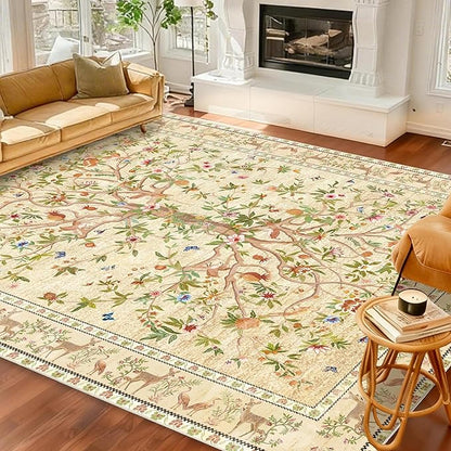 8x10 Area Rugs for Living Room, Machine Washable Non-Slip Carpet, Boho Floral Low Pile Throw Rugs for Bedroom, Dining Room, Office, Nursery, Vintage Home Decor（Beige）