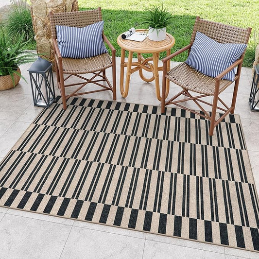 Lahome Striped Easy Jute Rug, 5x7 Outdoor Patio Rug Neutral Dining Room Rug Indoor Outdoor Carpet, Farmhouse Washable Non Slip Black Carpet for Backyard Living Room Office Deck