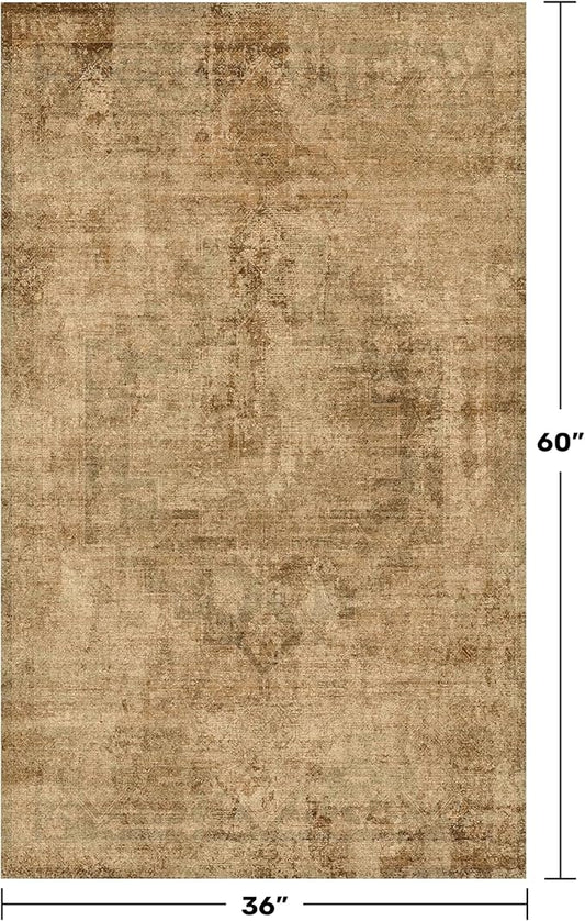 Farmhouse Gold Brown Indoor Rugs for Entryway - 3x5 Low Pile & Soft Area Rug for Bedroom Beside Bed, Laundry Room, Washable Kitchen Carpet Non Slip with Rubber Backing, Medallion Abstract Home Décor