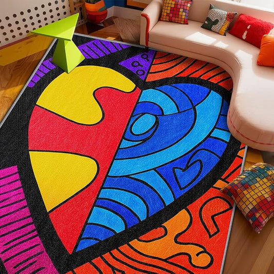 Abstract Bedroom Rug - Colorful Pop Art Rug, 6x9 Area Rugs, Hippie Aesthetic Funky Non Slip Fade Resistant Large Carpets Home Decor #C127