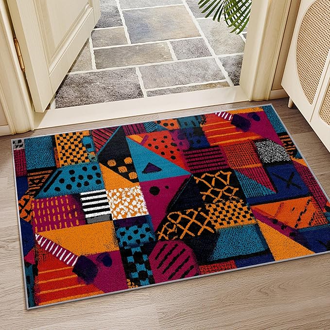 Geometric Rug, Patchwork Abstract Art Area Rug 6x8, Multicolor Retro Aesthetic Low Pile Non Skip Carpets Home Decor #C022