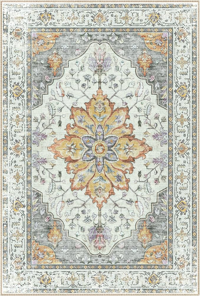 Area Rugs Square 10ft Washable Non-Slip, Floral Vintage Distress Print Pattern Medallion Carpet for Living Room Bedroom Dining Room, Light Yellow Carbon Grey Orange