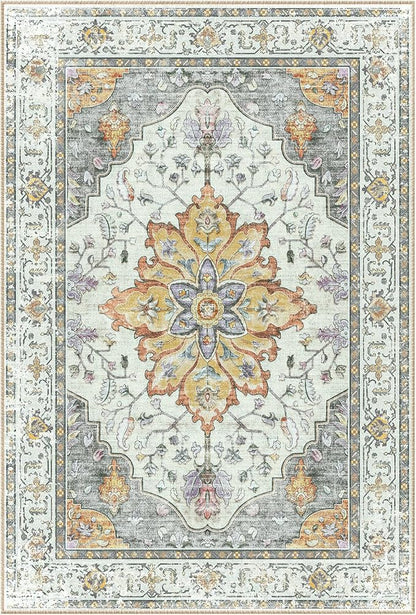Area Rugs Square 10ft Washable Non-Slip, Floral Vintage Distress Print Pattern Medallion Carpet for Living Room Bedroom Dining Room, Light Yellow Carbon Grey Orange
