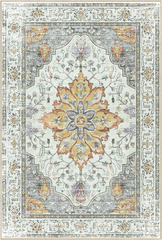 Area Rugs Square 6ft Washable Non-Slip, Floral Vintage Distress Print Pattern Medallion Carpet for Living Room Bedroom Dining Room, Light Yellow Carbon Grey Orange