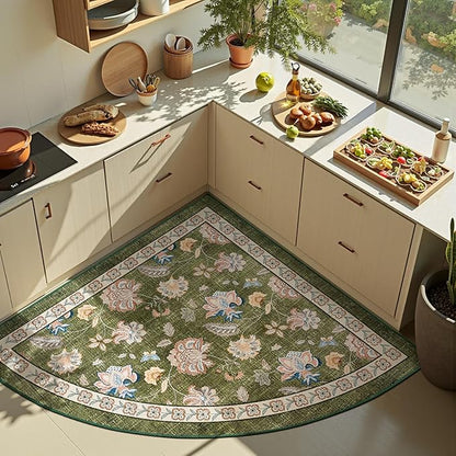 jinchan Elora Floral Corner Rug for Entryway Washable Kitchen Rug Vintage Romance Design Non Slip Quarter Circle Lightweight Low-Pile Throw Carpet for Playroom Reading Nook Nursery, 4ft Radius, Green