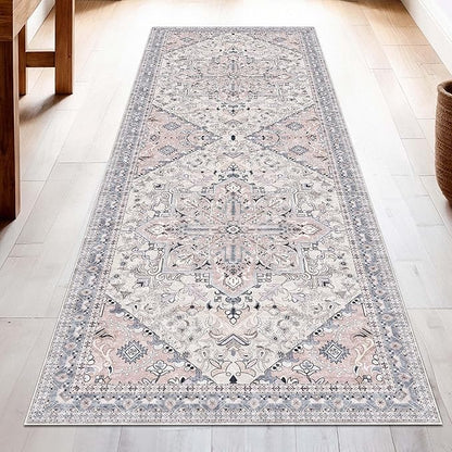 Washable Runner Rug 2x6 | Non Slip Rug Runners for Hallways, Entryways, Kitchens, Bathrooms, Bedrooms | Ultra-Soft Flannel Carpet Runners with Rubber Backing (Beige Blue, 2x6)