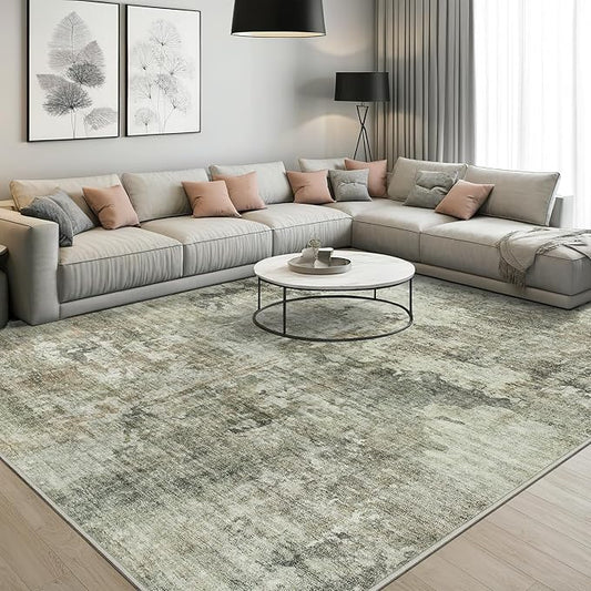 Abstract Rug 8x10 Large Living Room Neutral Modern Washable Area Rugs for Bedroom Dining Room Non-Slip Stain Resistant Foldable Thin Green Black