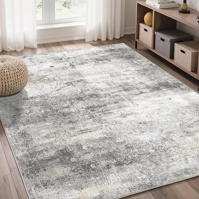 5x7 Area Rugs Washable Grey Rug for Living Room Bedroom, Modern Abstract Large Rug Non Slip, Water Repellent Low Pile Soft Carpet for Dining Room, Home Office, Grey Beige
