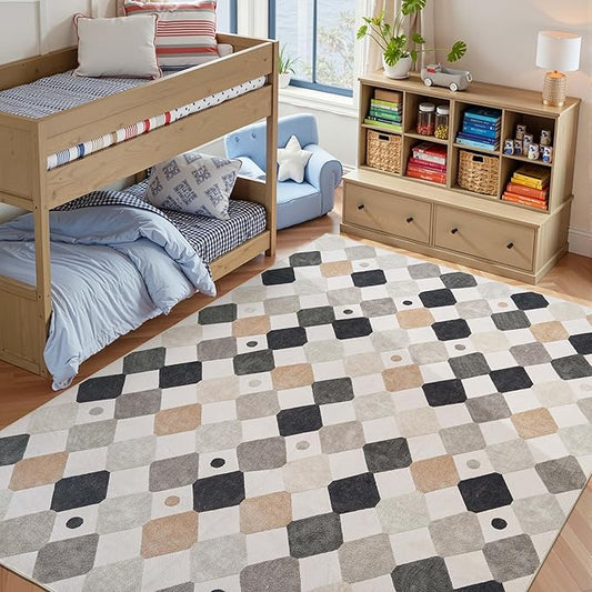 jinchan Macy Area Rug 8x10 Kids Washable Indoor Non-Slip Black and White Modern Soft Rug Elementary School Classroom Diamond Carpet for Nursery Playroom Daycare Living Room Dorm Marble on Cream