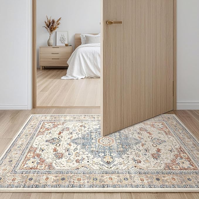 2x3 Rug Small Area Rugs: Washable Boho Neutral Vintage Soft Indoor Floor Oriental Carpet Farmhouse Distressed Low Pile Non Slip Throw Carpet for Kitchen Entryway Bedroom Nursery Entry- Beige Blue