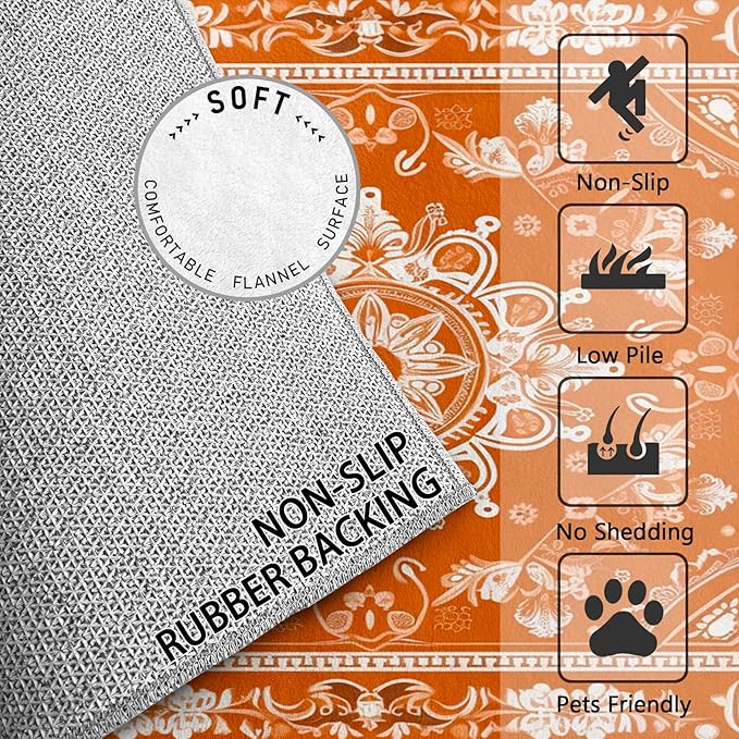 Mandala Rugs for Living Room -Vintage Floral Rug, 6x8 ft, Orange Mandala Washable Rugs for Living Room, Boho Medallion Area Rug for Bedroom, Meditation Boho Ethnic Home Decor & Gifts