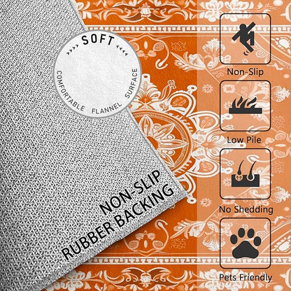 Mandala Rugs for Living Room -Vintage Floral Rug, 3x4 ft, Orange Mandala Area Rugs for Bedroom, Boho Medallion Washable Carpet for Entryway, Kitchen, Meditation Boho Ethnic Home Decor & Gifts
