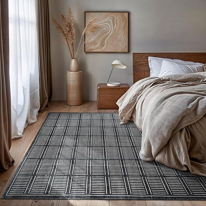 Rugshop Bohemian Stripe Lines Washable Non Slip Area Rug 5' x 7' Black