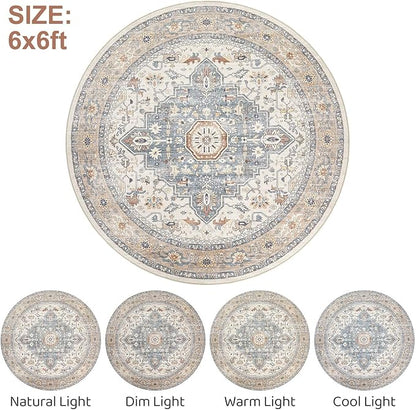 Round Rug Living Room Rugs: 6Ft Washable Boho Neutral Large Circle Soft Indoor Distressed Stain Resistant Floor Farmhouse Carpet for Bedroom Nursery Kids Playroom Office Dining Room Dorm- Beige Blue
