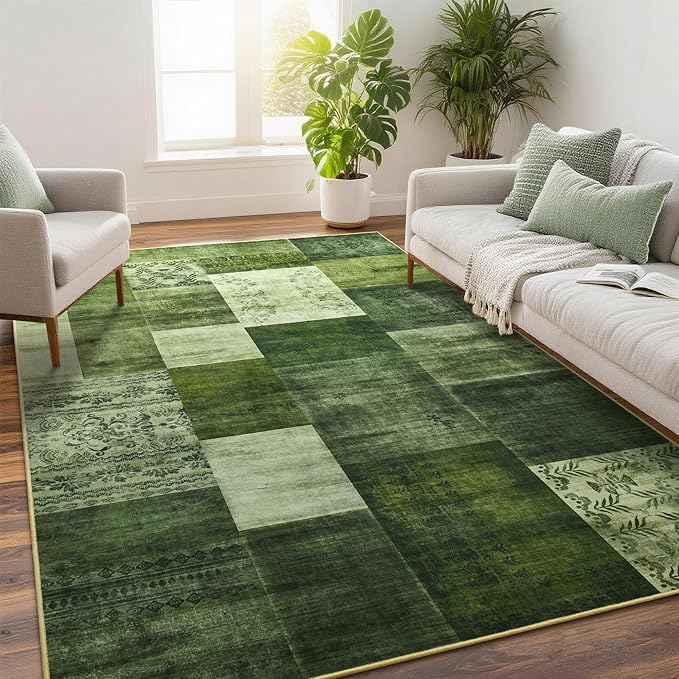 Tepook Modern Area Rug for Living Room, 4x6 Geometric Large Rugs for Bedroom, Washable Patchwork Rug Indoor Non-Slip Throw Carpets for Dining Room Office Farmhouse Home Decor, Green