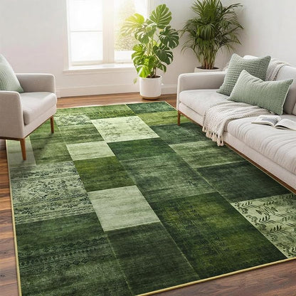 Tepook Modern Area Rug for Living Room, 5x7 Geometric Large Rugs for Bedroom, Washable Patchwork Rug Indoor Non-Slip Throw Carpets for Dining Room Office Farmhouse Home Decor, Green