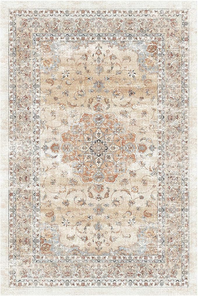 HUGEAR Entryway Machine Washable Area Rugs 2x3 Vintage Orange Small Neutral Style Non Slip Stain Resistant Low Pile Throw Carpet for Hallway Kitchen Retro Aesthetic Modern Decor
