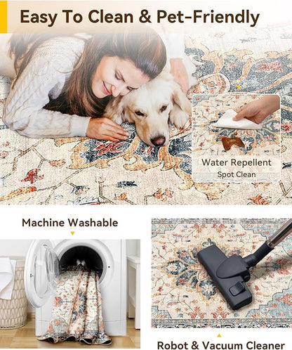 Area Rugs 9'x12' Washable Non-Slip, Floral Vintage Distress Print Pattern Medallion Carpet for Living Room Bedroom Dining Room, Beige Navy Blue Orange Colorful