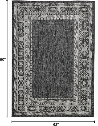 FH Home Flat Woven Outdoor Rug - Waterproof, Easy to Clean, Stain Resistant - Premium Polypropylene Yarn - Bordered Moroccan - Patio, Porch, Deck, Balcony - Accra - Charcoal - 5ft 2in x 7ft 6in
