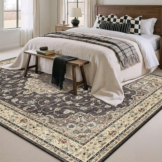HUGEAR Machine Washable Area Rugs 5x7 Vintage Black Living Room Bedroom Rug Neutral Style Non Slip Stain Resistant Low Pile Throw Carpet for Home Retro Aesthetic Modern Decor