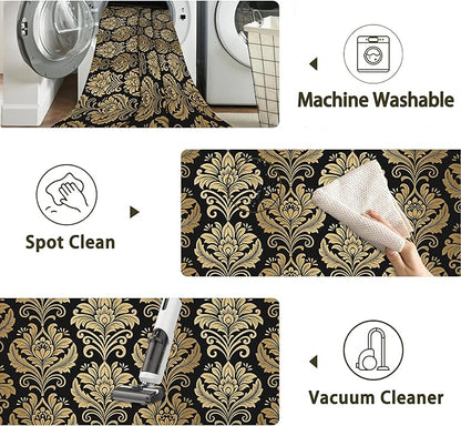 Black Damask Flower Golden Carpet for Living Room, 5x7 Non-Slip Washable Low Pile Abstract Design Rug, Space Saving Area Rug for Bedroom, Dining Room