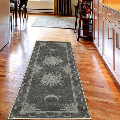 Ambesonne Sun and Moon Decorative Rug, Bohemian Artwork Design of Crescent Solar Ornament Esoteric Stars Ornaments, Quality Carpet for Bedroom Dorm and Living Room, 2' 5" x 7' 5", Sage Green