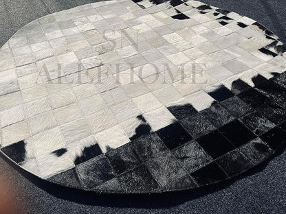 Round Geometric Patchwork Cowhide Leather Area Rug | Washable Non-Slip Carpet for Living Room, Bedroom & Home Décor(8x8 ft_White & Black)