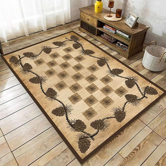 Vintage Plaid Area Rug 6x8ft Rustic Cabin Pine Cone Branches Lattice Pattern Rug Country Lodge Nature Plants Rugs, Soft Floor Rug Non-Skid Carpets for Living Room Farmhouse Indoor Floor Mat