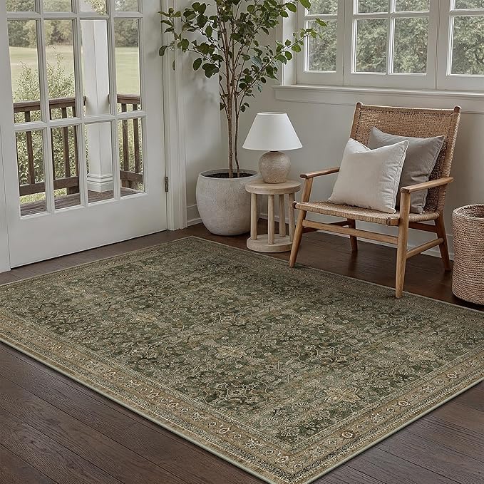 Entryway Area Rug 4x6 Green Brown Vintage Washable Office Carpet Traditional Distressed Indoor Entry Soft Non Slip Small Door Mat Retro Low Pile Thin Rug for Kitchen Laundry Bedroom