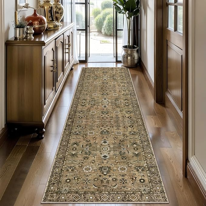 Tangsoo Brown 2.6x10 Hallway Runner Rugs, Washable Runner Rug for Hallways Non Slip, Floral Vintage Soft Low Pile 10ft Long Rug Runner, Indoor Carpet Runners for Living Room Kitchen Bedroom Entryway