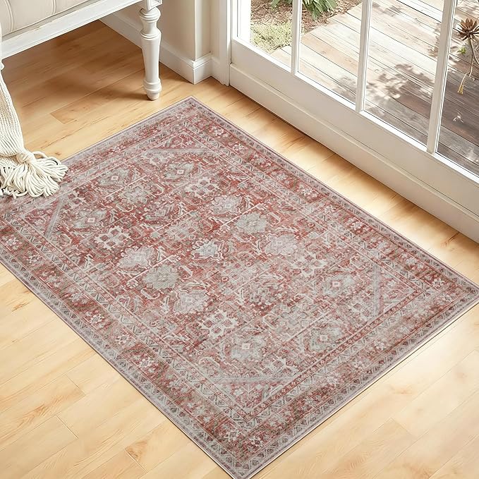 Kuden 3x5 Small Rug, Machine Washable, Non-Slip Backing, Vintage Style, Soft, Low Pile, Area Rugs for Entryway Kitchen Indoor Entrance