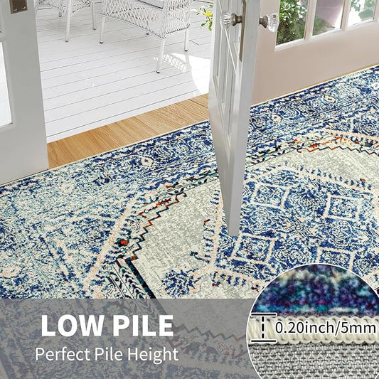 Easy-Going Large 8x10 Washable Boho Area Rug for Living Room Non-Slip Bedroom Rug Low Pile Lightweight Medallion Distressed Throw Carpet for Dining Room Kitchen Home Office, Vintage Blue Cream
