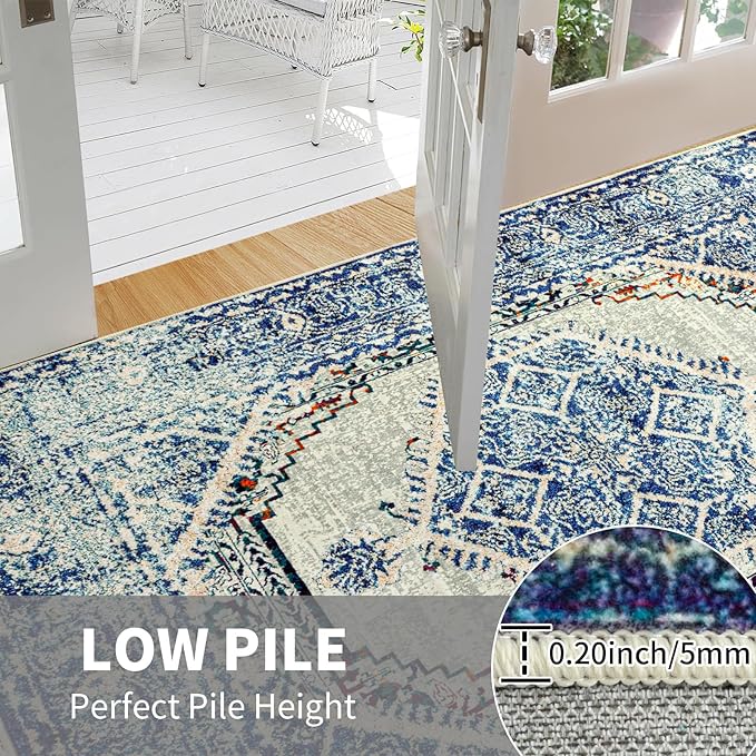 Easy-Going Area Rug 6x9 Washable Boho Rugs for Living Room Non-Slip Bedroom Rug Low Pile Lightweight Medallion Distressed Throw Rug for Dining Room Kitchen Home Office Carpet, Vintage Blue Cream