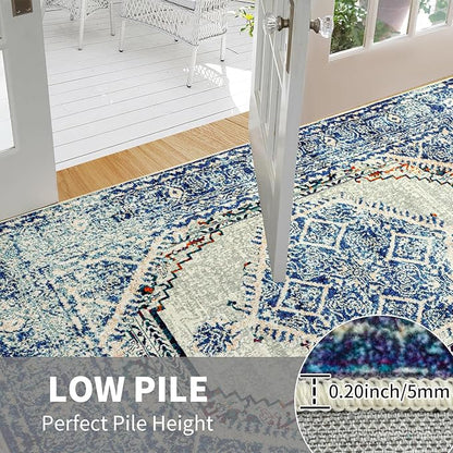 Easy-Going Area Rug 6x9 Washable Boho Rugs for Living Room Non-Slip Bedroom Rug Low Pile Lightweight Medallion Distressed Throw Rug for Dining Room Kitchen Home Office Carpet, Vintage Blue Cream